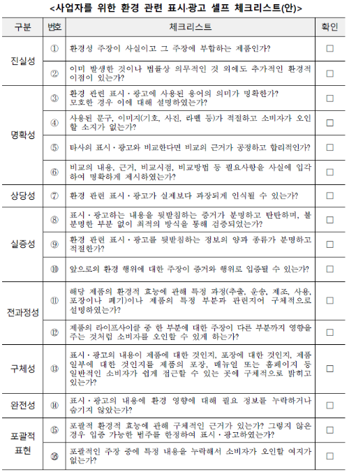 그린워싱 가이드라인 - 환경 관련 표시광고 셀프 체크리스트